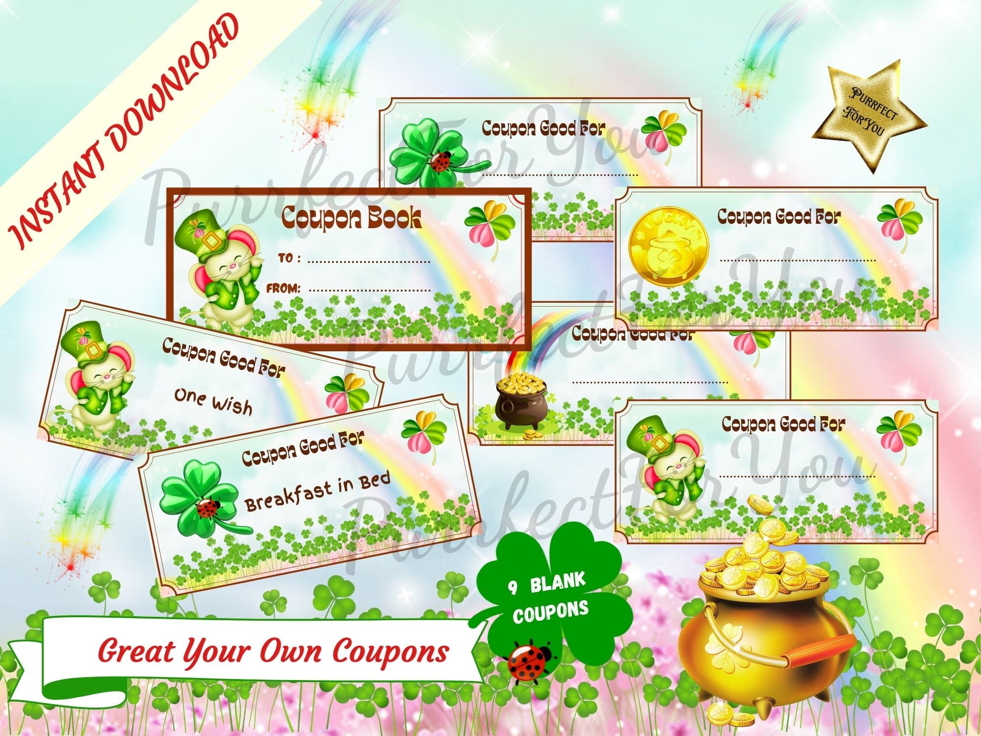 Cute St. Patrick's Day Coupons, Rewards Kids Coupons,Printable Instant Download , DIY, Lucky gift for Children (Cute Little Mouse,Rainbow)