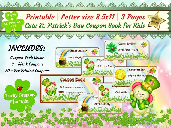 Cute St. Patrick's Day Coupons, Rewards Kids Coupons,Printable Instant Download , DIY, Lucky gift for Children (Cute Little Mouse,Rainbow)