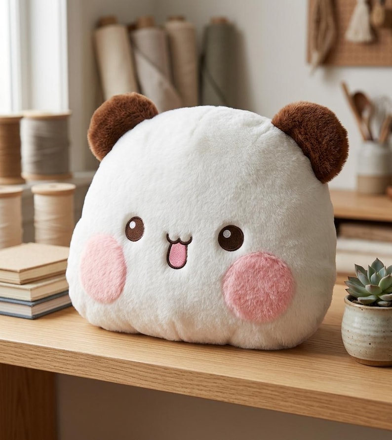 May include: A plush stuffed animal shaped like a rounded creature with white fur, two brown ears, and two pink circular cheeks. The face features embroidered dark brown eyes and a small mouth with a pink tongue sticking out in a playful expression.