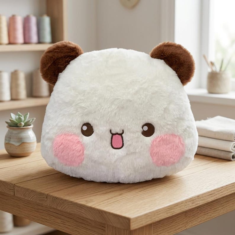 May include: A plush toy shaped like a rounded animal head with white fur, two brown ears, and two pink circular patches on the cheeks. The face features two dark brown eyes and a small mouth with a pink tongue sticking out, all made of soft fabric.