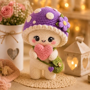 May include: A crocheted mushroom figure with a purple cap featuring white spots and a small purple flower. The figure has a cream-colored body, large black eyes, pink cheeks, and holds a pink heart. It wears a green satchel with a heart charm.