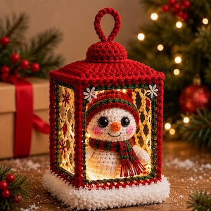 May include: A crocheted lantern in red and green with a white fuzzy base, featuring a small crocheted snowman inside. The snowman wears a red and green striped hat and scarf, with black eyes, a small orange nose, and pink cheeks, illuminated by lights.
