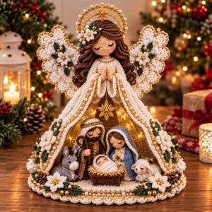 Pode incluir: Um presépio de crochê com um anjo grande de cabelo castanho e asas brancas sobre uma manjedoura. Sob a saia do anjo estão figuras de lã representando um homem, uma mulher, um bebé num berço, um burro e uma ovelha.
