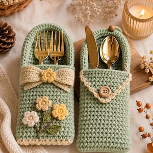 May include: Two sage green crochet cutlery pouches. The left pouch features a cream-colored bow with a yellow flower and three small embroidered flowers. The right pouch has a triangular flap secured by a wooden button, holding a gold knife and spoon.