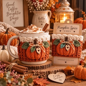Puede incluir: Una taza de cerámica y una tarjeta de cartón, ambas con una funda de ganchillo de calabaza naranja con hojas verdes y un dije de corazón de madera. La taza contiene nata montada y ramas de canela. La tarjeta dice Pumpkin Spice VIBES.