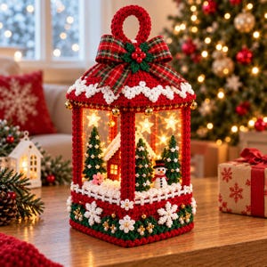 May include: A red crocheted lantern decoration featuring a top handle, a plaid bow with red berries, and white snowflake accents. The interior contains a miniature winter scene with green Christmas trees, a small house, and a snowman, illuminated by star-shaped lights.