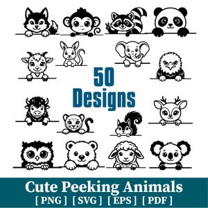 Könnte beinhalten: Eine Sammlung von 50 schwarz-weißen Grafikdesigns, die verschiedene Tiere zeigen, die über eine horizontale Linie schauen. Zu den Tieren gehören ein Fuchs, ein Affe, ein Waschbär, ein Panda, eine Ziege, ein Känguru, ein Elefant, ein Adler und ein Koala.