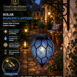 May include: A solar hanging lantern with a blue glass body featuring a floral pattern, suspended by a black metal chain from a matching wall-mounted bracket. The lantern includes a solar panel on top and emits a warm light from within.