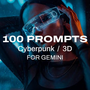 Puede incluir: Un gráfico digital con el texto 100 PROMPTS Cyberpunk / 3D FOR GEMINI. La imagen muestra a una persona con gafas de visera futuristas de color azul brillante con un patrón de circuitos, sobre un fondo oscuro y sombrío con iluminación azul.