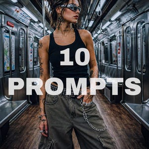 Puede incluir: Una persona con camiseta de tirantes negra, pantalones cargo verde oliva oscuro, cinturón de tachuelas con cadena plateada y anillos de plata. La persona tiene tatuajes visibles en brazos y cuello, y gafas de sol plateadas. Texto 10 PROMPTS superpuesto.