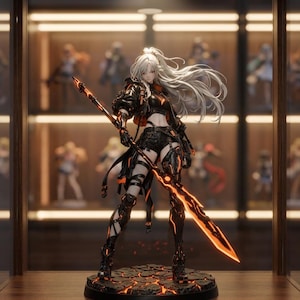 Może przedstawiać: Szczegółowa figurka w stylu anime z długimi białymi włosami, ubrana w czarną kurtkę, krótki top i szorty z kabaretkami. Postać trzyma długą włócznię z jarzącym się pomarańczowym ostrzem, stojąc na podstawie przypominającej popękaną lawę.