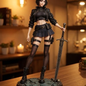 May include: A collectible figurine of a character with short black hair and cat ears, wearing a black cropped jacket, top, pleated skirt, and thigh-high stockings. The figure holds a long, ornate sword and stands on a stone-textured base.