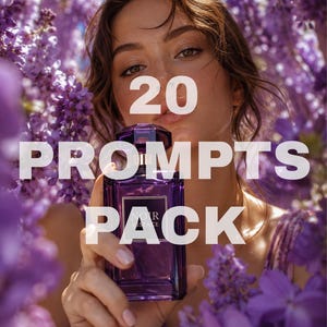 May include: A rectangular purple glass perfume bottle with a dark cap, labeled Noir Essence, held in front of a person surrounded by purple flowers. The image features the white text 20 PROMPTS PACK overlaid on the center of the composition.