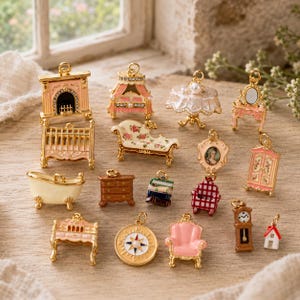 May include: A collection of miniature metal charms shaped like furniture and household items, including a fireplace, bed, table, vanity, crib, chaise lounge, bathtub, dresser, stack of books, armchair, wardrobe, clock, compass, and a small house.