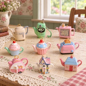Könnte beinhalten: Eine Sammlung von neun Miniatur-Teekannen-Anhängern aus Keramik in verschiedenen Formen, darunter ein Retro-Radio, ein Fernseher, ein Cupcake, ein Toaster, ein Wohnwagen und Häuser. Jede Teekanne hat eine goldfarbene Metallöse zum Aufhängen.