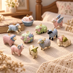 May include: A collection of eleven small ceramic sheep figurines, each featuring a gold-toned metal loop at the top. The sheep are depicted in various poses, colours, and textures, including pastel pink, blue, green, and cream, with some showing woolly patterns.