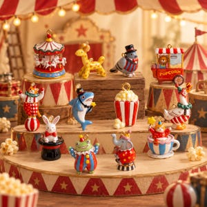 Op de afbeelding: Een verzameling kleine, kleurrijke bedels met circusthema, waaronder een draaimolen, giraf, duif, popcornkar, kat op een bal, haai, popcornemmer, gans, konijn in een hoed, kikker, olifant en een kat in een theekopje, elk met een gouden lus.