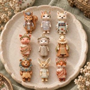 May include: A collection of nine small animal charms arranged in three rows. The figures include a squirrel, cat, dog, pig, sheep, duck, bear, fennec fox, and fox, each wearing detailed, colorful historical or cultural attire with gold-tone loops.