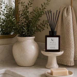 May include: A square amber glass reed diffuser bottle with black reeds and a white label reading KC KENT COLLECTIVE REED DIFFUSER 6.7 FL OZ | 200 ML, resting on a small stone pedestal stand next to a beige soap bar on a matching stone dish.