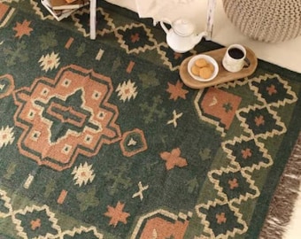 Sage Green Kilim Rug, Terracotta Boho Area Rug, Handwoven Wool Jute Rug, Earthy Southwestern Living Room Rug, Custom Flatweave