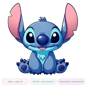 Puede incluir: Una ilustración digital de un personaje alienígena azul con orejas grandes y puntiagudas forradas de rosa, cabeza ancha, nariz azul oscuro y una mancha azul claro en el pecho. El personaje está sentado con almohadillas visibles en los pies.