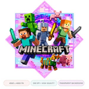 Puede incluir: Un gráfico digital que muestra personajes de Minecraft, incluidos Steve, Alex, un Creeper, un cerdo y un ocelote. Los personajes están dispuestos alrededor del logotipo de Minecraft sobre un fondo geométrico morado y azul con efectos de luz de neón.