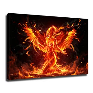 May include: A rectangular canvas print featuring a kneeling figure composed of bright orange and yellow flames. The figure has large, expansive wings made of fire, set against a dark black background with swirling embers and smoke.