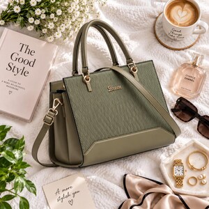 Könnte beinhalten: Eine strukturierte Handtasche in Salbeigrün mit texturierter Vorderseite, goldfarbenen Beschlägen und einem Metall-Logo mit der Aufschrift Exeim. Die Tasche verfügt über zwei Tragegriffe und einen abnehmbaren Schulterriemen, arrangiert mit Accessoires.