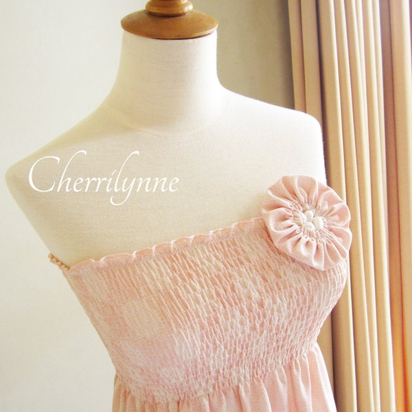 Summer Dress with Smocking Details and Fabric Flower Brooch