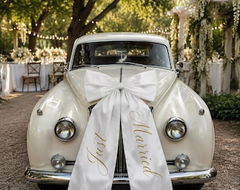 Just Married - Fiocco per auto nuziale - Decorazione personalizzata in raso bianco per auto - Fiocco personalizzato per sposi - Nastro per auto nuziale - Decorazione per il saluto della sposa