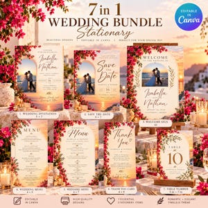 May include: A 7-in-1 wedding stationery bundle featuring a wedding invitation, save the date, welcome sign, two menus, a thank you card, and a table number. Each item displays a sunset coastal scene framed by pink bougainvillea flowers.