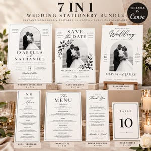 May include: A 7-in-1 wedding stationery bundle template set featuring a wedding invitation, save the date, welcome sign, two menus, a thank you card, and a table number card, all with black text on white backgrounds and arch photo frames.