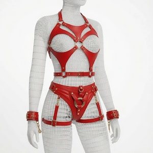 May include: A red harness set featuring a chest piece with circular cutouts, a waist belt, and high-cut briefs with attached garter straps. The set includes matching wrist cuffs, all adorned with gold-toned metal buckles, rings, and hardware.
