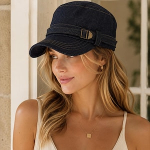 Vintage Denim Cadet Cap, Adjustable Flat Top Military Hat, Large Head Sun Hat, Women’s Newsboy Style Visor Cap