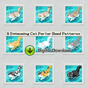 May include: A grid of nine pixel art illustrations featuring cats swimming in blue water. The text reads 9 Swimming Cat Perler Bead Patterns and Digital Download. Each square shows a different cat breed or color pattern, including tabby, calico, and solid.