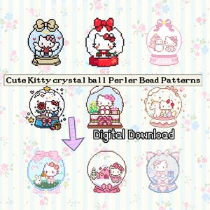 Może przedstawiać: Kolekcja dziewięciu wzorów pixel art przedstawiających Hello Kitty w różnych szklanych kulach, z tekstem Cute Kitty crystal ball Perler Bead Patterns oraz Digital Download. Wzory obejmują motywy świąteczne, kwiatowe i zwierzęce.