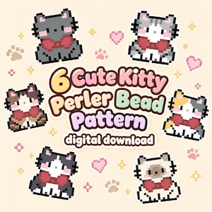 May include: A digital graphic featuring six pixel art cats, each wearing a red bow tie, arranged around the central text 6 Cute Kitty Perler Bead Pattern digital download. The design includes small pink hearts, paw prints, and yellow sparkles.