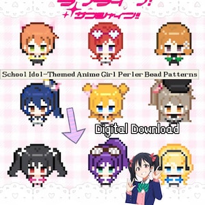 May include: A digital collection of pixel art designs featuring various anime characters with diverse hair colors and styles, including the text School Idol-Themed Anime Girl Perler Bead Patterns and Digital Download, arranged on a light pink background.
