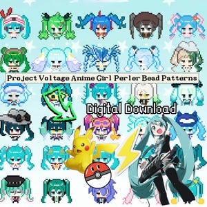 May include: A digital download featuring Project Voltage Anime Girl Perler Bead Patterns with a grid of pixelated character heads, a yellow Pikachu figure, a red and white Poké Ball, and a teal-haired anime character playing a keyboard.