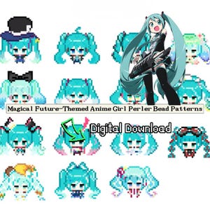Puede incluir: Una colección de patrones de pixel art que muestran un personaje de anime con cabello turquesa y coletas en varios atuendos. La imagen incluye el texto Magical Future-Themed Anime Girl Perler Bead Patterns y Digital Download.