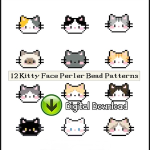 May include: A collection of 12 pixel art kitty face Perler bead patterns arranged in a grid. Each cat face features distinct colour combinations, whiskers, and small ears. The text 12 Kitty Face Perler Bead Patterns and Digital Download is visible.