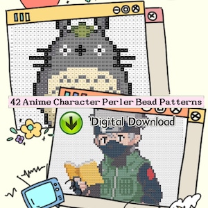 Peut inclure: Une collection numérique de 42 modèles de perles à repasser de personnages d'anime présentés dans des cadres de style fenêtre. Les motifs présentent des grilles avec des symboles codés par couleur, incluant une créature grise et un personnage masqué.