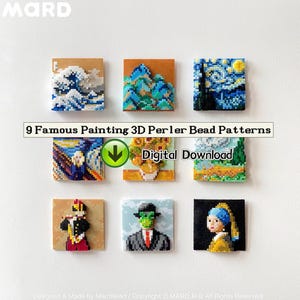 May include: Nine square 3D perler bead art pieces depicting famous paintings, including The Great Wave, Starry Night, and Girl with a Pearl Earring. The image features the text 9 Famous Painting 3D Perler Bead Patterns and Digital Download.