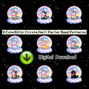 May include: Nine pixel art designs of cats inside crystal balls with pink bows and pastel clouds, arranged in a grid on a black starry background. The text reads 9 Cute Kitty Crystalball Perler Bead Patterns and Digital Download with a green arrow.