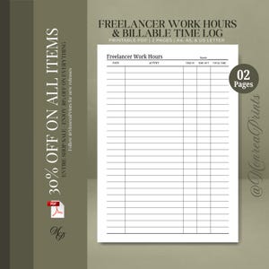 Könnte beinhalten: Ein weißes, druckbares PDF-Dokument mit dem Titel Freelancer Work Hours & Billable Time Log. Die Seite enthält eine Tabelle mit Spalten für Datum, Aktivität, Beginn, Ende und Gesamtzeit. Das Dokument umfasst 2 Seiten und die Formate A4, A5 und US Letter.