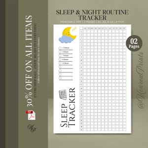 Op de afbeelding: Een printbaar slaap- en nachtroutine-trackerdocument met een gele halve maan, blauwe wolken, een raster voor maanden en dagen, en selectievakjes. De tekst luidt SLEEP & NIGHT ROUTINE TRACKER en SLEEP TRACKER.