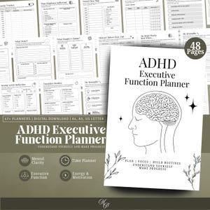 Puede incluir: Un planificador de funciones ejecutivas TDAH de 48 páginas en descarga digital con portada blanca, un dibujo lineal negro de una cabeza y cerebro humanos, y el texto Plan, Focus, Build Routines, Understand Yourself, Make Progress.
