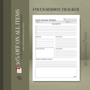 Drukowany rejestr sesji skupienia | Planer skupienia | Monitor pracy głębokiej i zadań | Produktywność w formacie PDF
