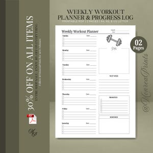May include: A white weekly workout planner and progress log printable PDF document. The layout includes sections for each day of the week, a notes area with a dumbbell icon, a next week section, a priorities list, and a reminder box for tracking.
