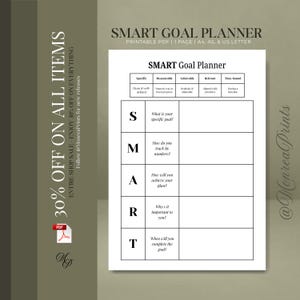 May include: A white printable SMART Goal Planner PDF document featuring a table with columns for Specific, Measurable, Achievable, Relevant, and Time-bound criteria, alongside rows for each letter of the SMART acronym with corresponding prompts.